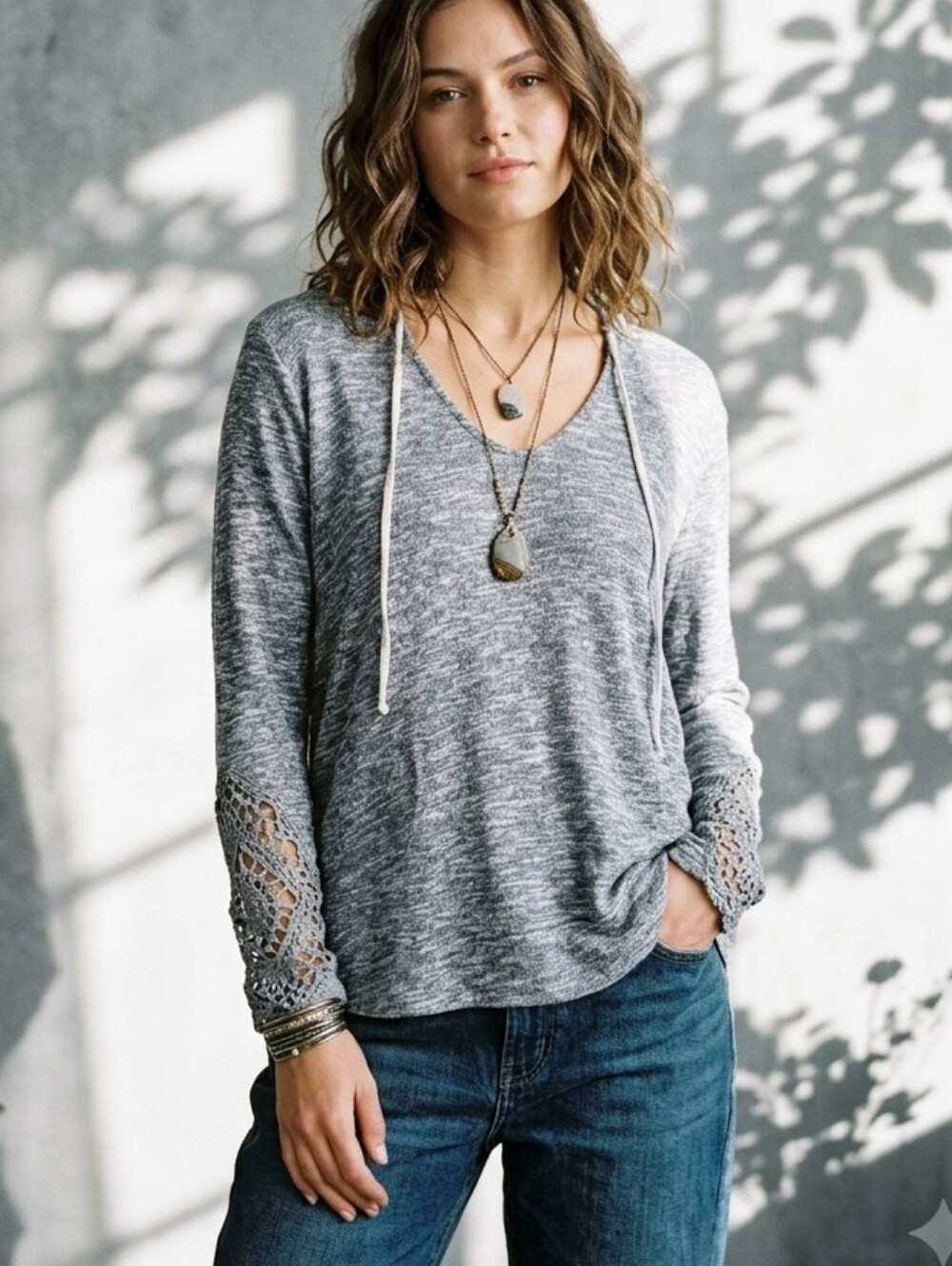 Miss Chievous Boho Crochet Lace Detail Hooded Top Marled Heather Gray Knit XL